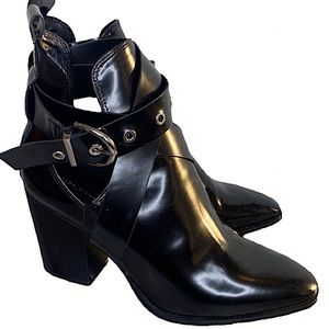 Zara Glossy Black Moto Boots with Buckle | Sz 9.5